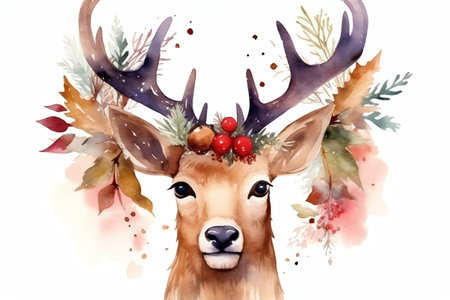 Watercolor deer with christmas wreath on white background. Hand drawn illustrationの素材