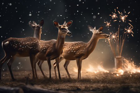 Fawns in the forest with fireworks in the background. 3d renderingの素材