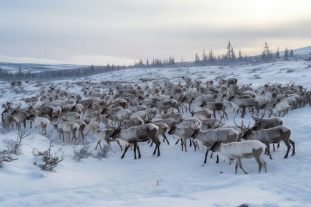 Reindeer herd in Lapland, Finland in winter.の素材