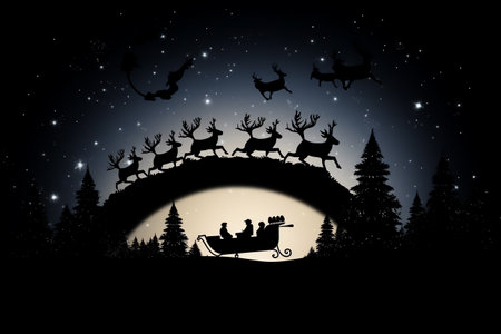 Santa Claus flying in the night sky with reindeers. Vector illustration.の素材