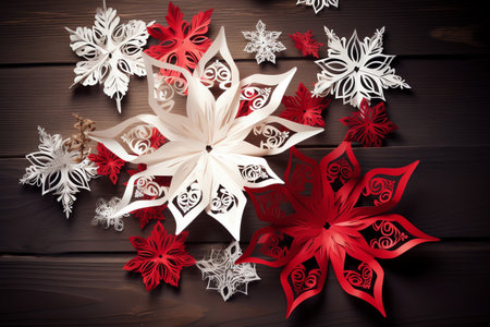 Paper snowflakes on wooden background. Christmas decoration. Top view.の素材