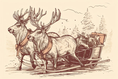 Sketch of a reindeer pulling a sleigh.の素材