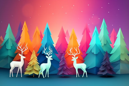 Winter forest landscape with reindeer. Paper art style. Vector illustration.の素材
