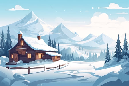 Winter landscape with a wooden house in the mountains. Vector illustration.の素材