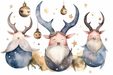 Christmas card with Santa Claus, deer and snowflakes. Watercolor illustration.の素材