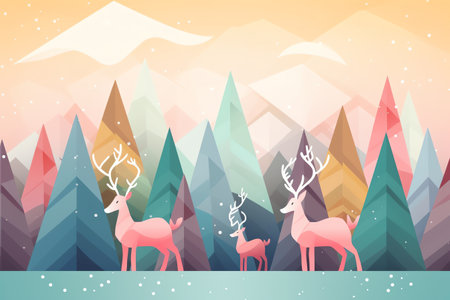 Mountain landscape with reindeers and snowflakes. Vector illustration.の素材