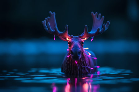 Christmas reindeer with colorful lights in the water. Selective focusの素材