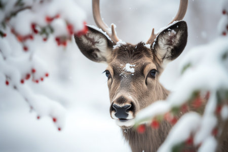 Deer in a snowy forest with red berries in the foreground.の素材