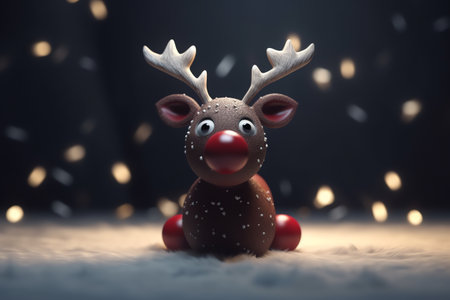 Christmas reindeer on snow with bokeh background. 3d illustrationの素材