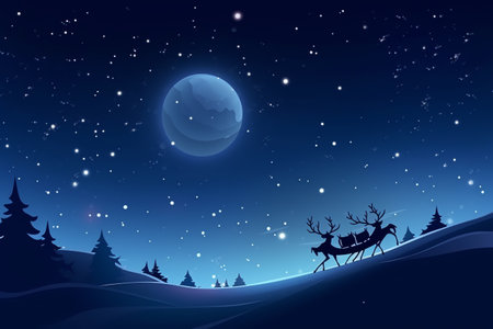Santa Claus and reindeer in the night sky, vector illustrationの素材