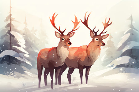 Two deers in the winter forest. Vector illustration for your designの素材