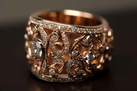 Jewelry ring with diamonds on a dark background close-upの素材
