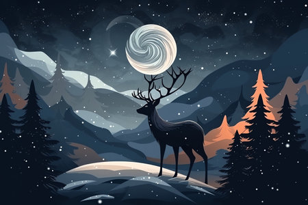 Christmas and New Year background with forest and deer. Vector illustration.の素材