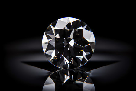 Close up of a diamond on black background with reflection in it.の素材