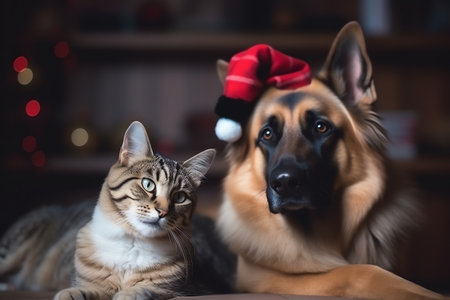 German shepherd and cat in christmas hat. Selective focus.の素材