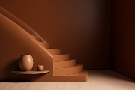 Wooden stairs with a vase on the floor. 3d renderingの素材