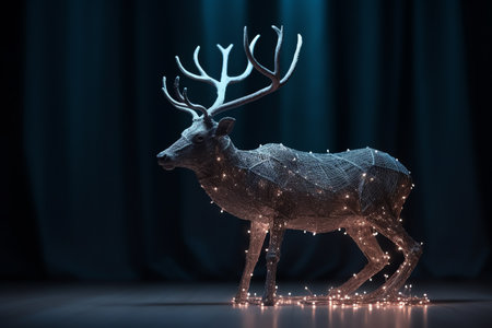 Digital composite of Christmas reindeer with glowing lights against blue curtainの素材