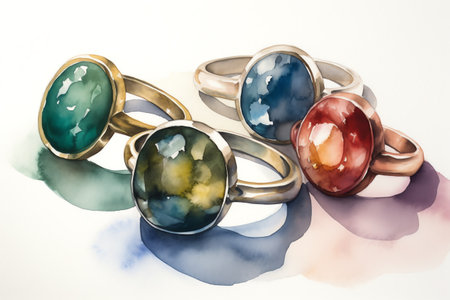 Wedding rings with precious stones on a white background, watercolorの素材