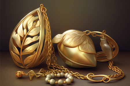 gold jewelry on a dark background, 3d render, top viewの素材