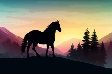 Silhouette of a horse in the mountains at sunset. Vector illustrationの素材