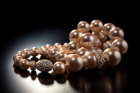 Pearl necklace on a black background, close-up, selective focusの素材