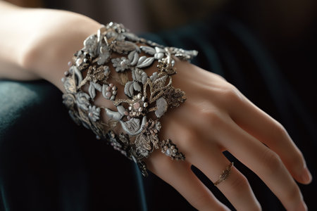 Close-up of a female hand in a black dress with jewelry on a dark backgroundの素材