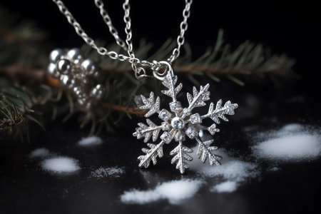 Silver snowflake pendant on black background. New Year decoration.の素材