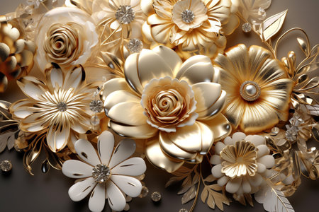 3d illustration of golden flowers and pearls. 3d renderingの素材