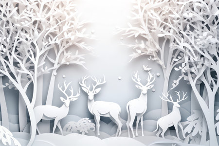 Paper cut of forest with reindeer. 3D Renderingの素材