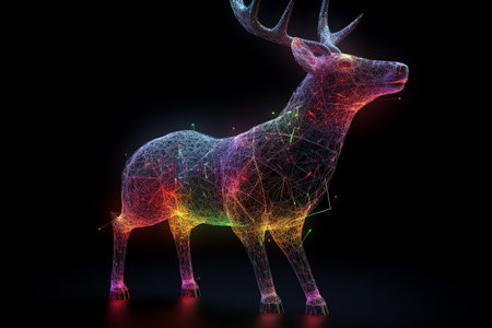 3d rendering of a reindeer with multicolored lightsの素材