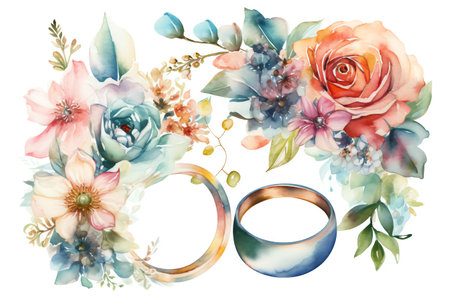Watercolor wedding bouquet with rings and flowers. Illustration.の素材
