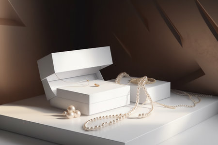 White boxes with pearls and jewelry on the table. 3d renderingの素材