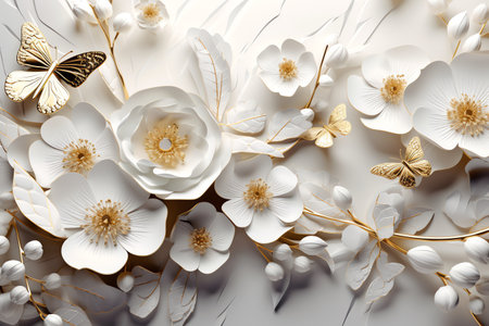 White flowers with gold butterflies. 3d rendering, 3d illustration.の素材