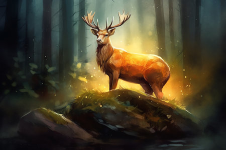 Digital painting of a red deer stag standing on a rock in the forest.の素材
