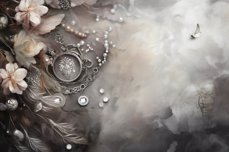 Beautiful vintage background with feathers and pearls, space for textの素材