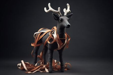 Reindeer with ribbon on black background. Christmas and New Year concept.の素材