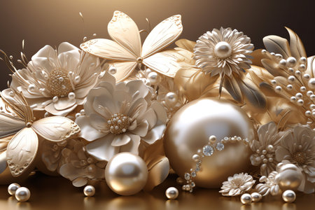3d illustration of golden flowers and pearls on a brown backgroundの素材