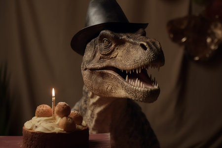 Halloween. Dinosaur with cake and candle on table in dark roomの素材
