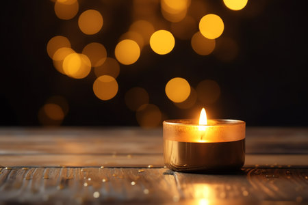 Burning candle on wooden table with bokeh lights on backgroundの素材