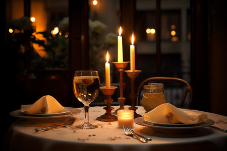 Romantic table setting with candles and wine glass. Selective focus.の素材