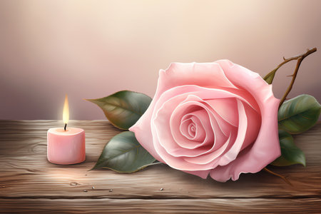 Pink rose and burning candle on wooden table with copy space for your textの素材