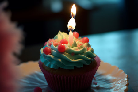 Birthday cupcake with a lit candle on top. Selective focus.の素材
