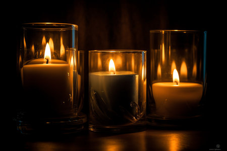 Burning candles in glass on a dark background. Copy space.の素材