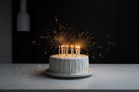 Birthday cake with burning candles on white marble table and black backgroundの素材