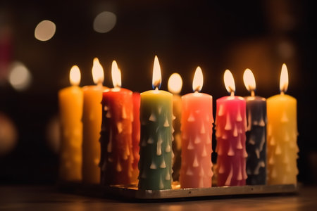Candles on wooden table in dark room with bokeh backgroundの素材