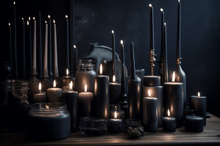 Candles and incense cones on dark background. Halloween concept.の素材