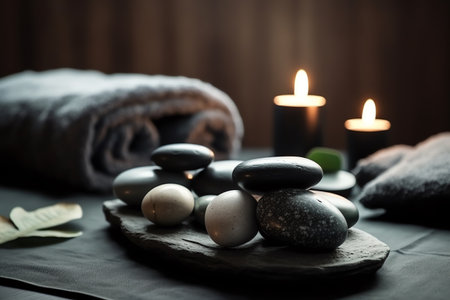 Spa still life with zen stones, towels and candles on dark backgroundの素材