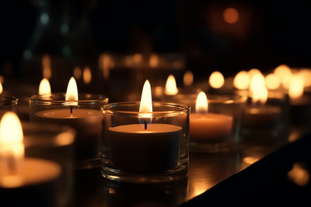 Burning candles on dark background, closeup. Space for textの素材