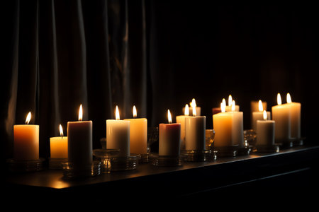 Burning candles on black background. Shallow depth of field.の素材