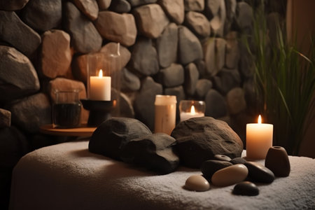 Beautiful spa composition with stones and burning candles on table in roomの素材